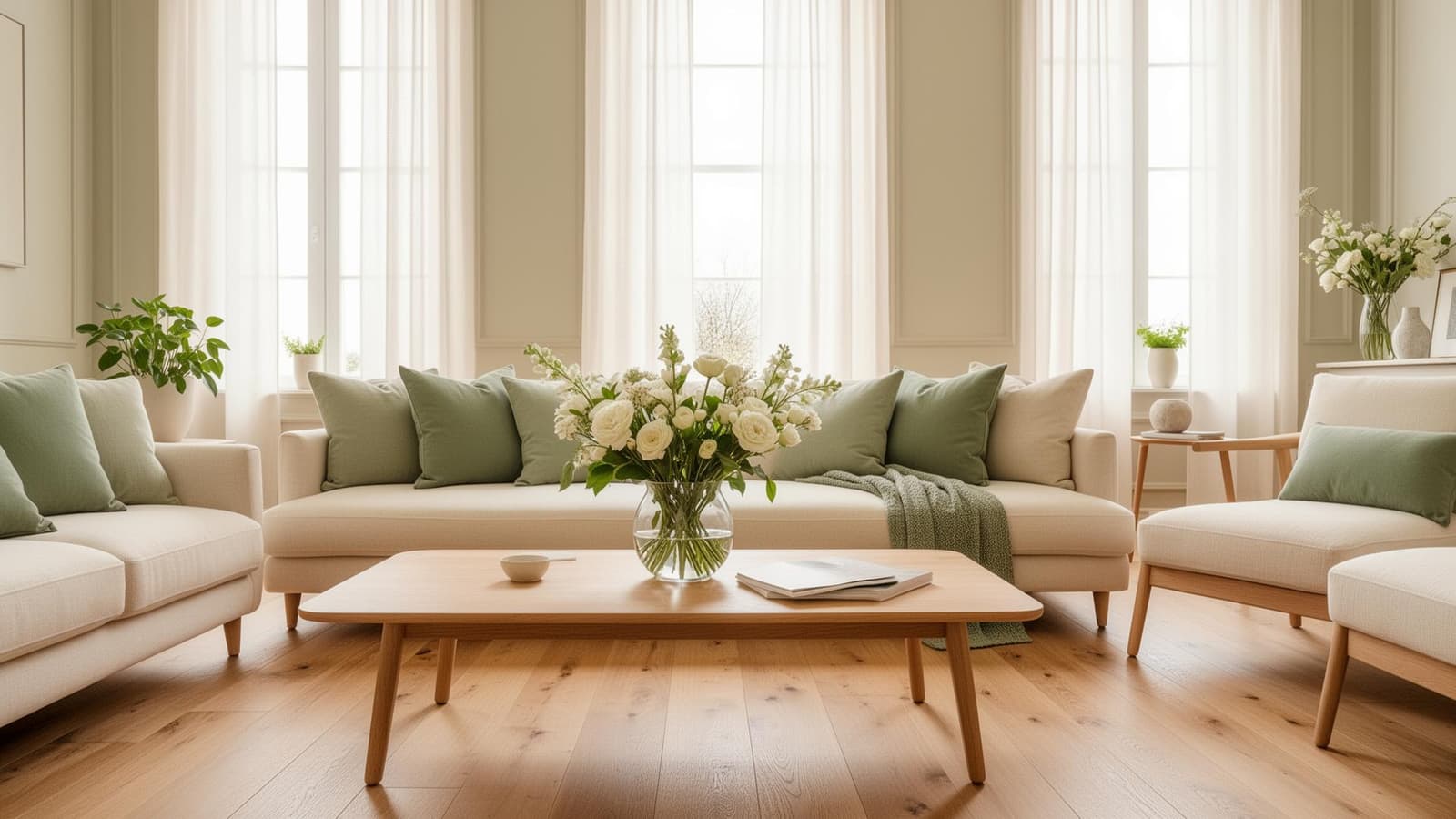 Vackert styled vardagsrum klart för bostadsvisning